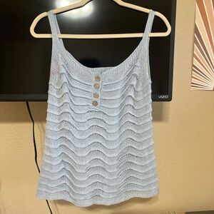 Light Blue Knit Wave-Pattern Tank Top with Button Detail - Women